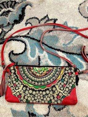 Red Embroidered Floral Crossbody Bag with Tassel